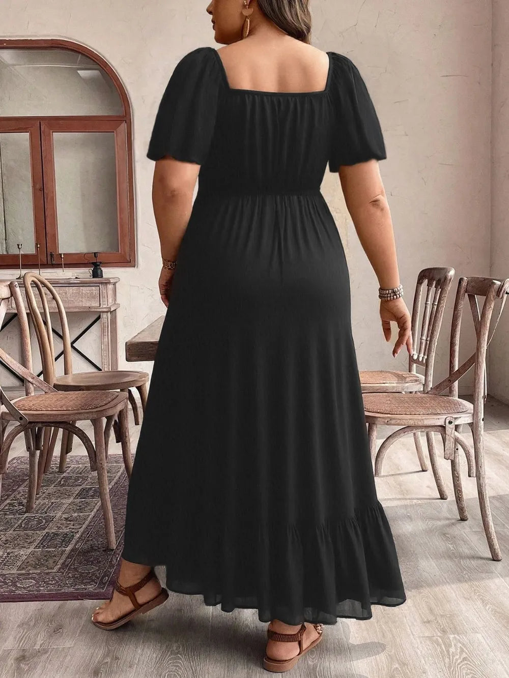 Black plus size square neck short sleeve ruffle hem maxi dress styled look