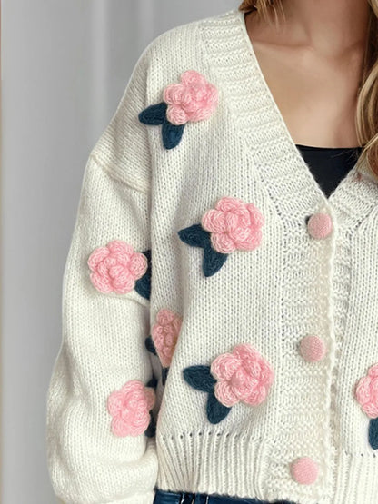 Flower Button Down V-Neck Long Sleeve Cardigan - Fashorio