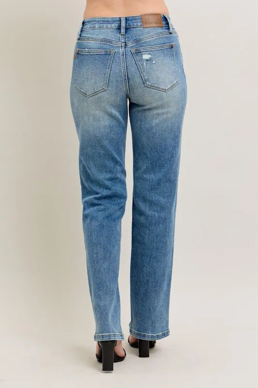 Judy Blue vintage wash straight jeans slit hem detail