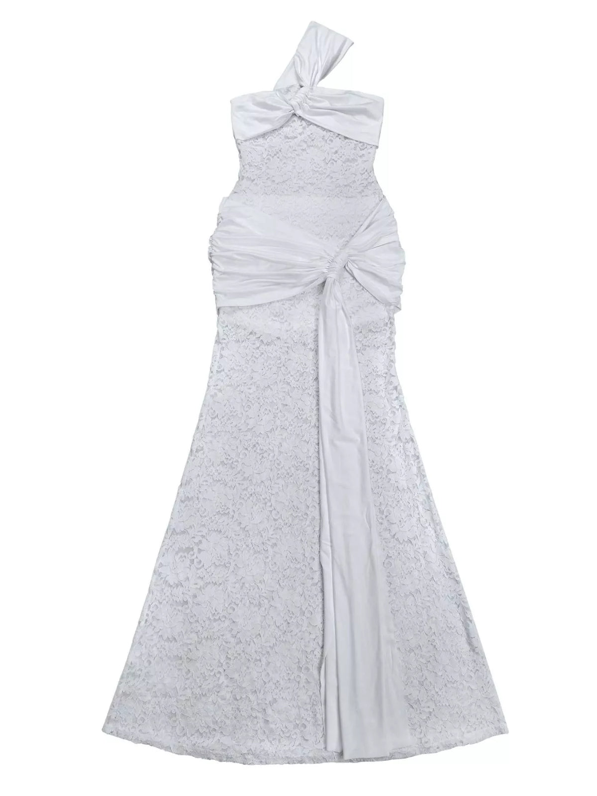 White lace one shoulder maxi dress on model