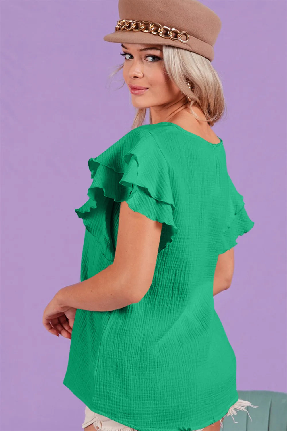 Wrinkled cotton gauze top with ruffle sleeves