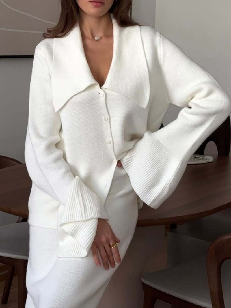 Button down cardigan and skirt knit set front
