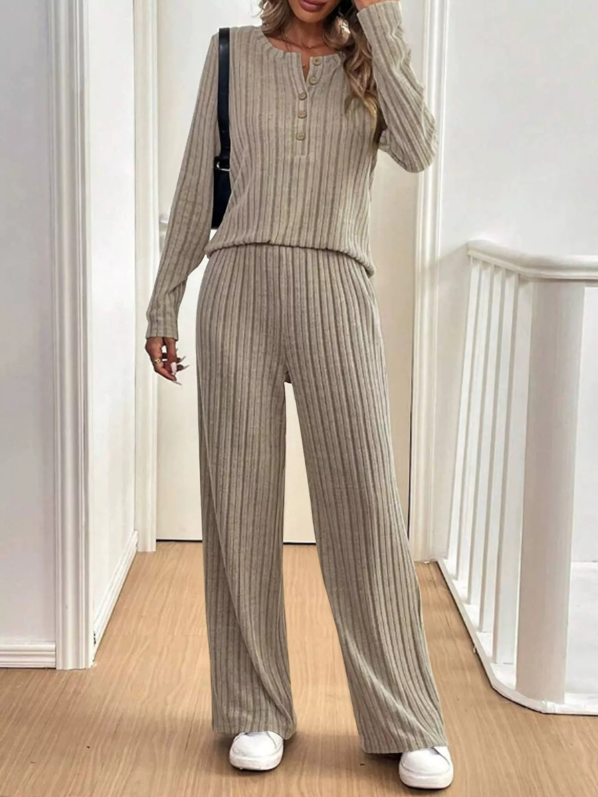 Ribbed Knit Button Front Top and Pants Set Plus Size, view 7