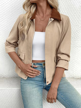 Zip-Up Long Sleeve Jacket with Buttons and Pockets Khaki - Fashorio