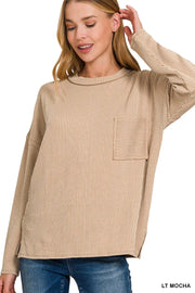 Zenana Long Sleeve Drop Shoulder Rib Top - Fashorio