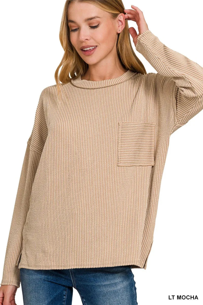 Zenana Long Sleeve Drop Shoulder Rib Top - Fashorio