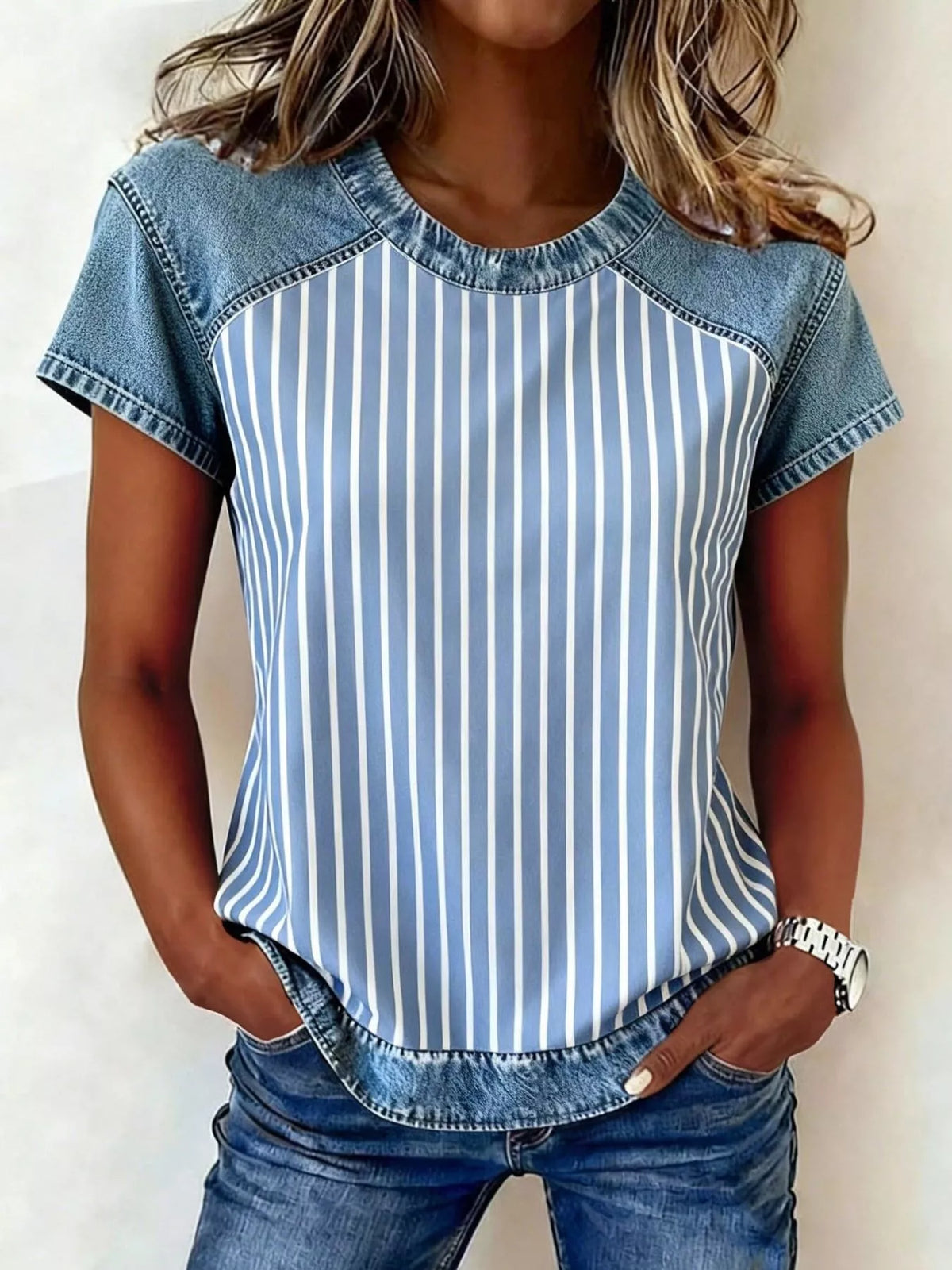 Patchwork print short sleeve blouse front view on model