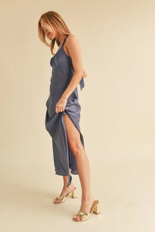 Maxi dress side slit detail on model