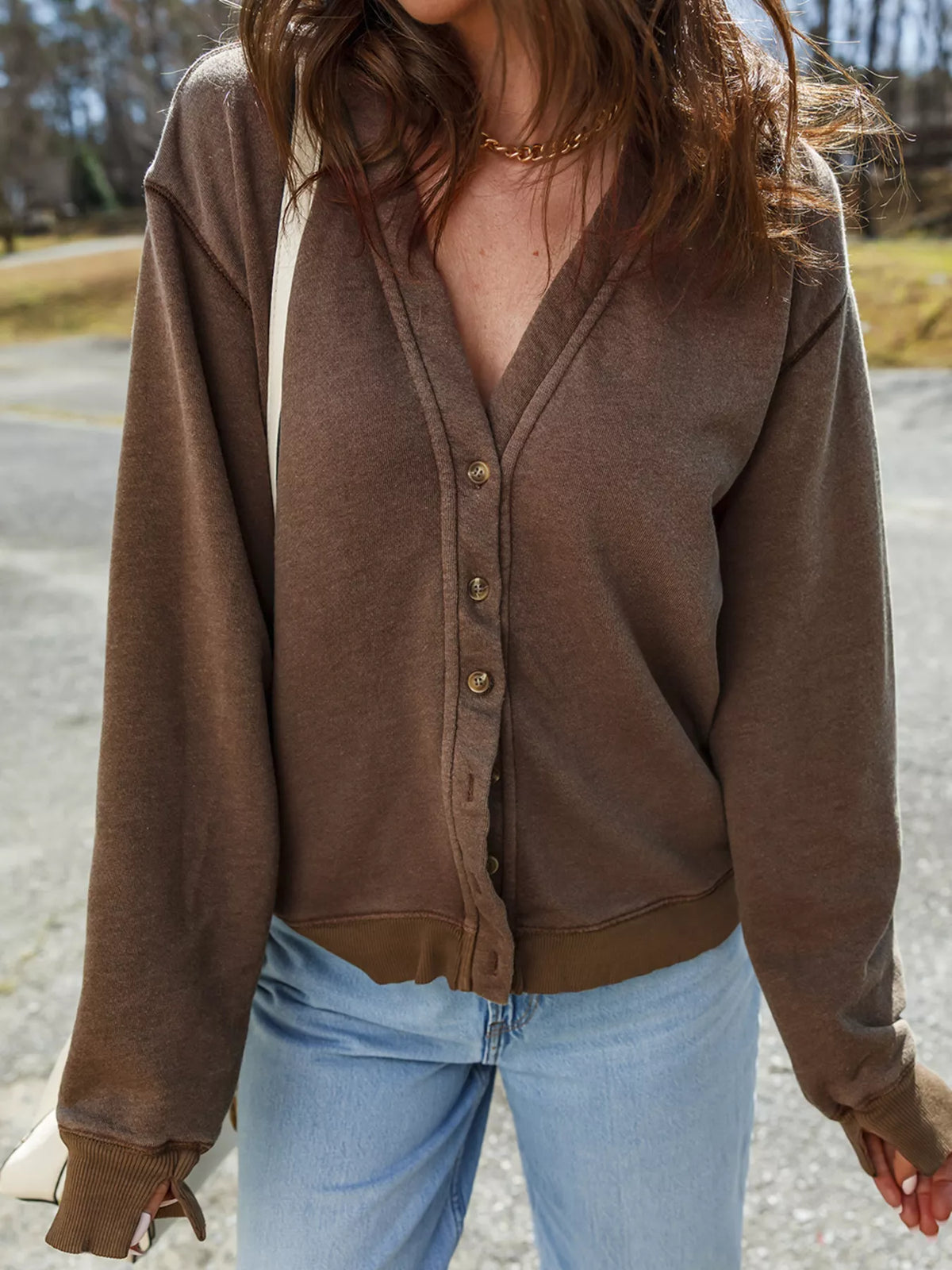button front v neck casual cardigan brown sleeve and cuff detail