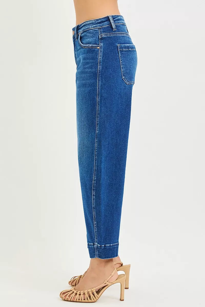 RISEN dark blue denim barrel jeans fabric texture detail