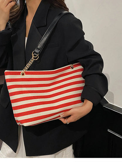 Striped Shoulder Bag with Chain Detail - Fashorio