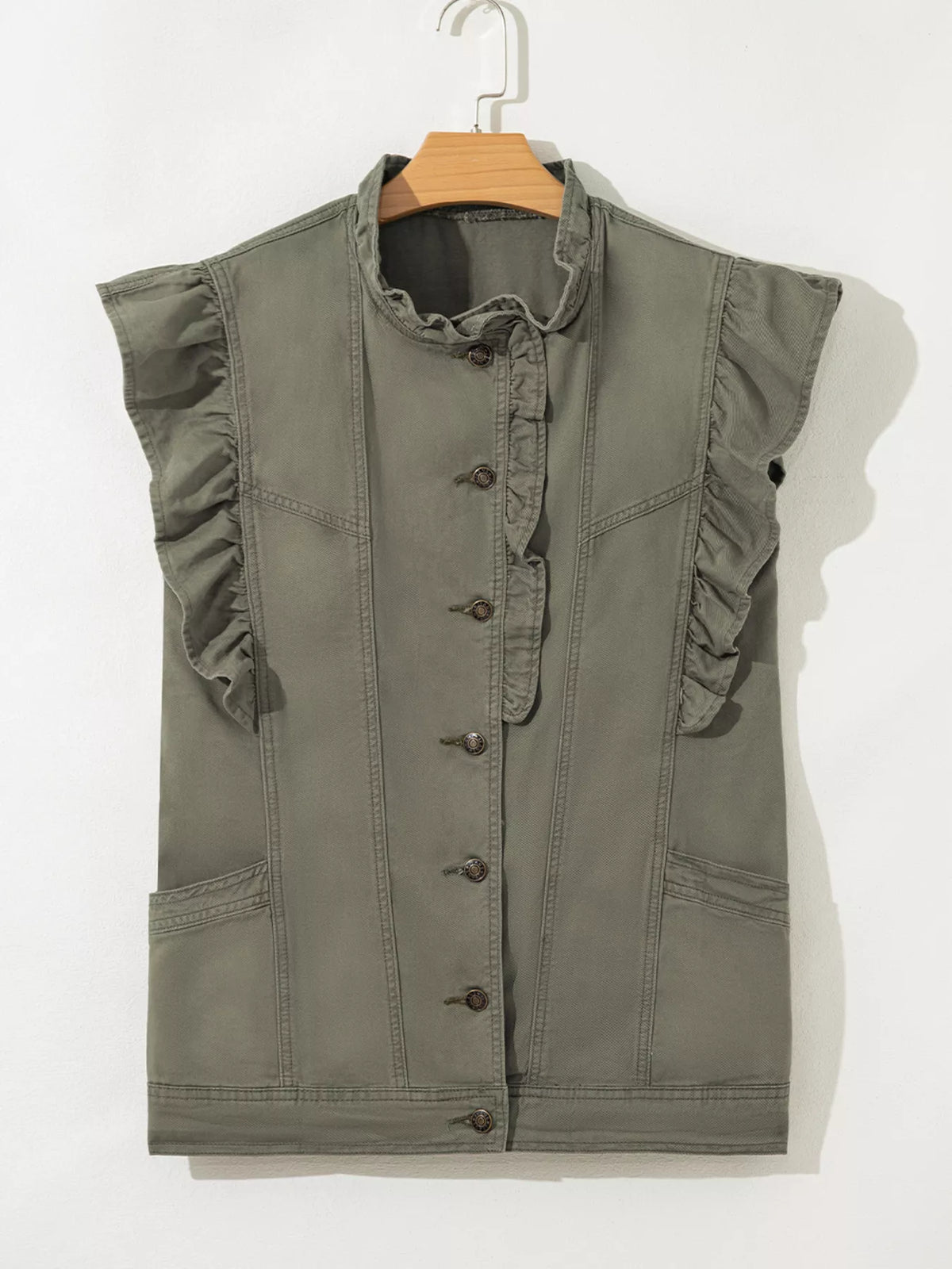Ruffled Patchwork Denim Vest in Army Green styled look
