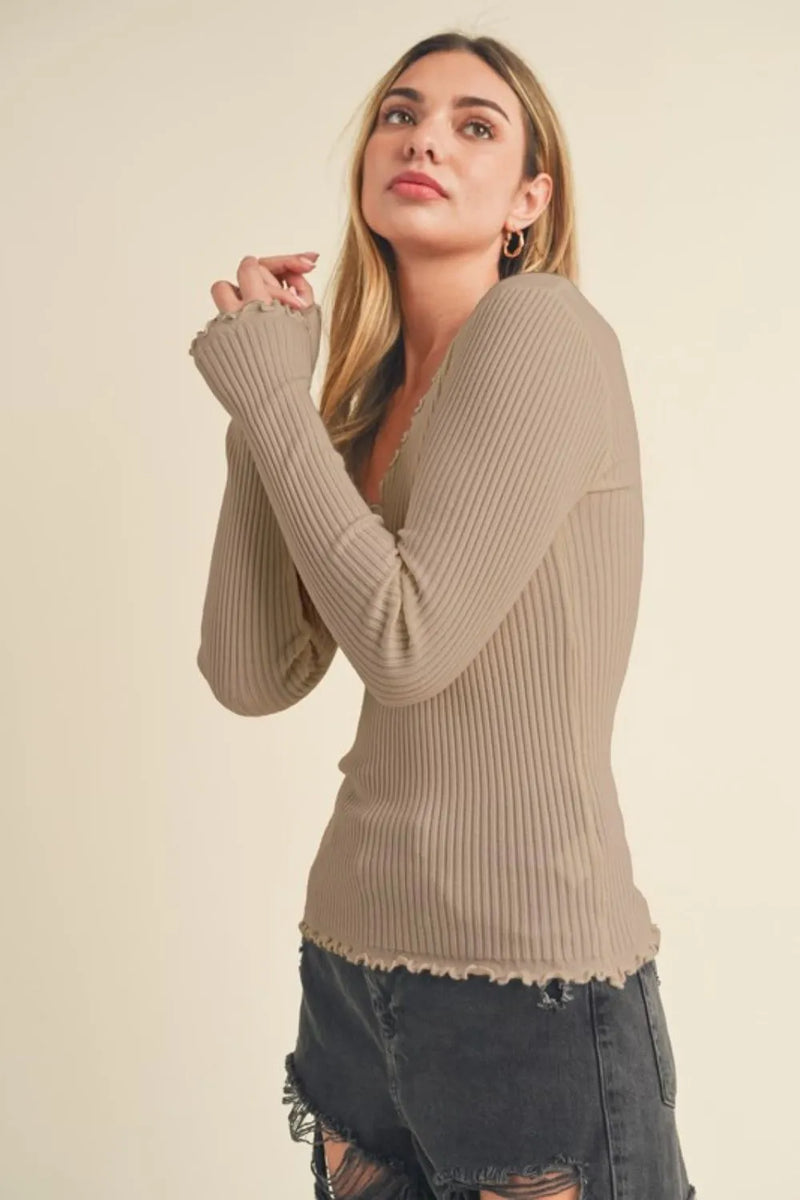 Lettuce hem scoop neck knit top in khaki front view
