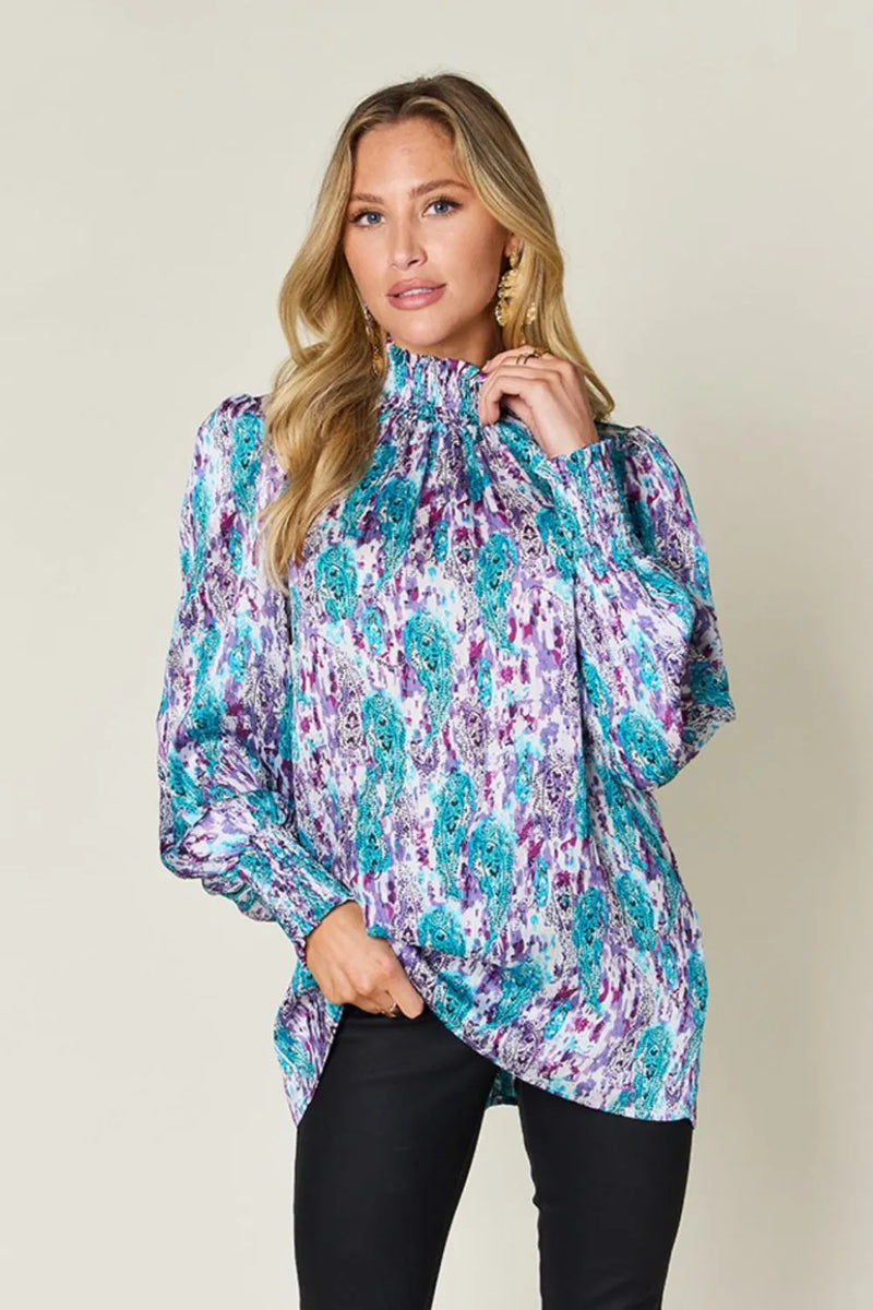 Printed frill smocked long sleeve blouse front view