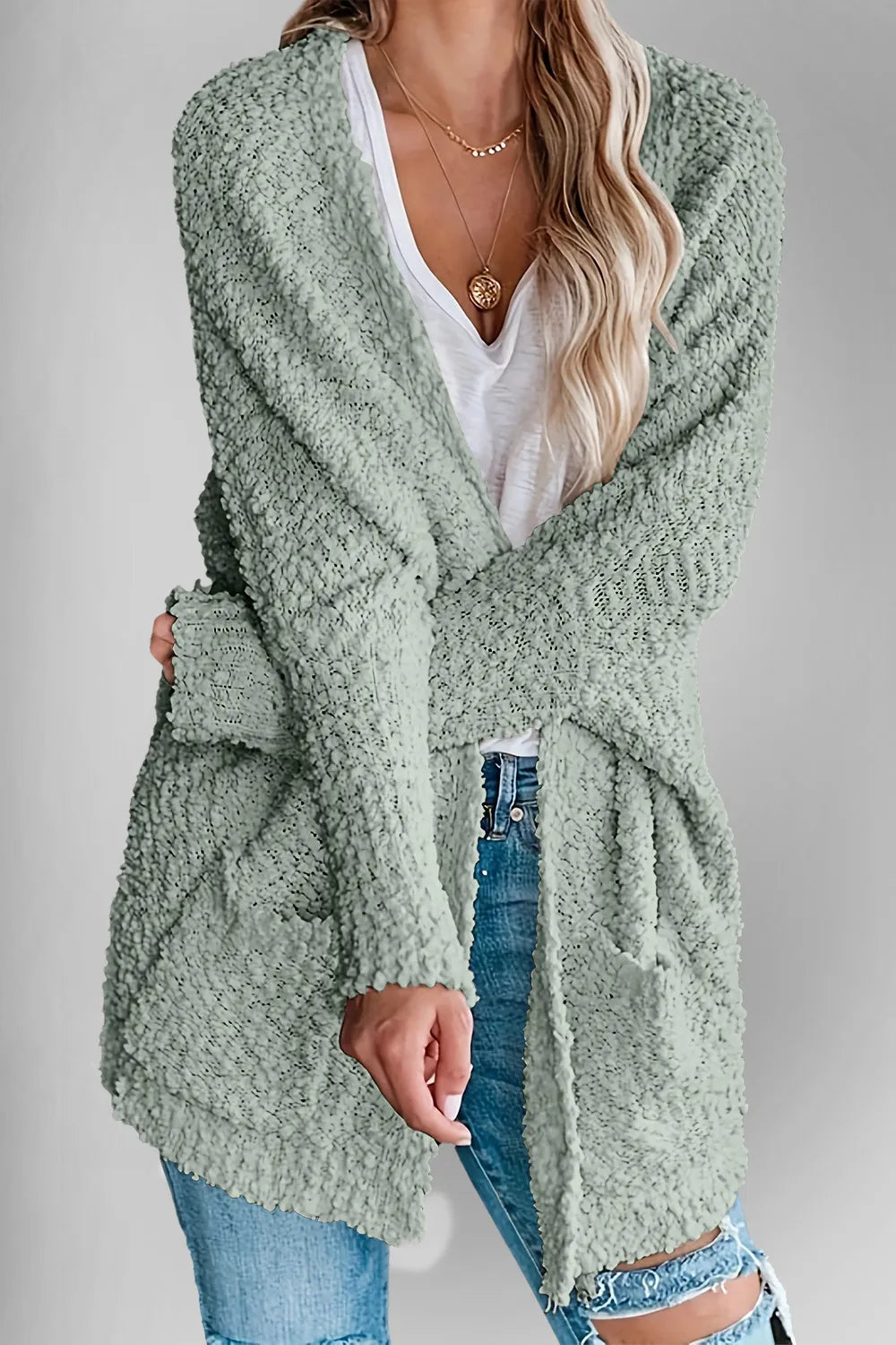 Double Take Pocketed Open Front Long Sleeve Cardigan - Fashorio