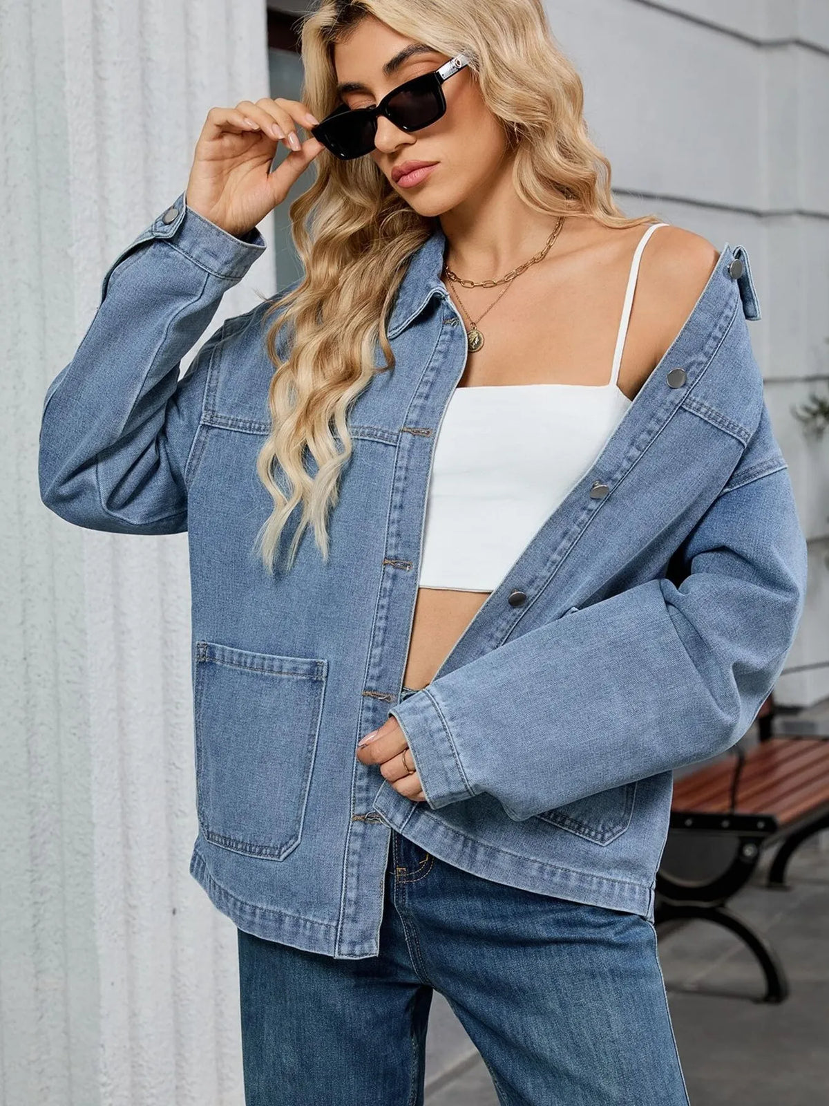 Washed Oversized Button Down Denim Jacket, view 6