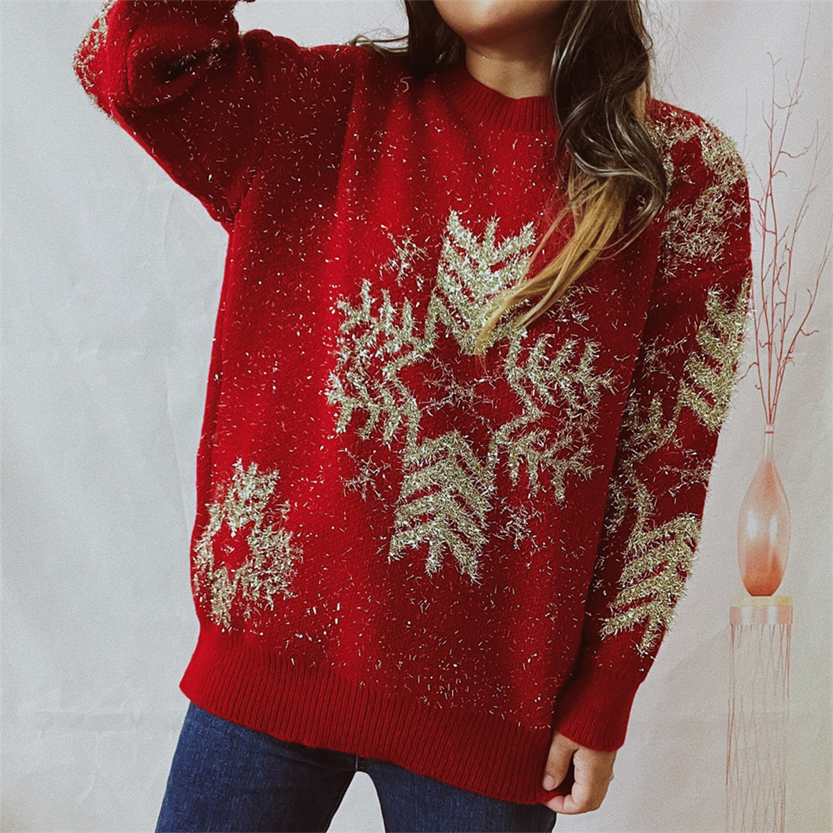 Snowflake Pattern Long Sleeve Sweater - Fashorio