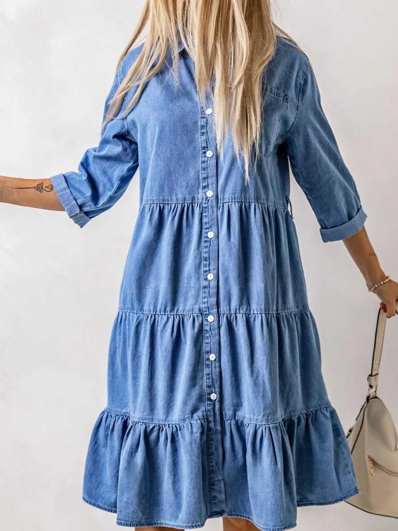 Full Size Ruffled Hem Button Up Denim Midi Dress Plus Size - Fashorio