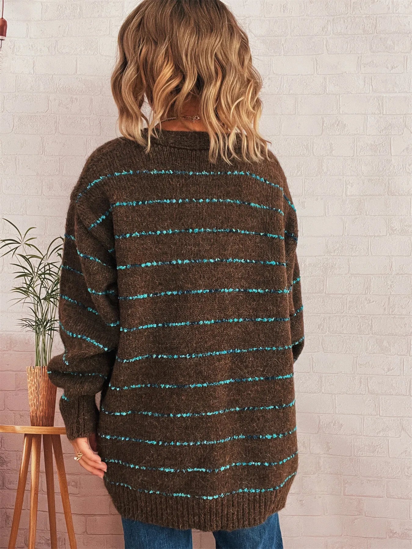 Striped Button-Up Cardigan with V-Neck Design - Fashorio