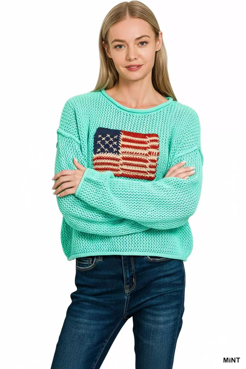 American Flag Crew Neck Sweater in Mint back view