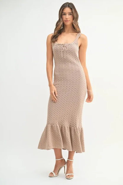 MABLE Ruffled Hem Sleeveless Crochet Knit Midi Dress - Fashorio