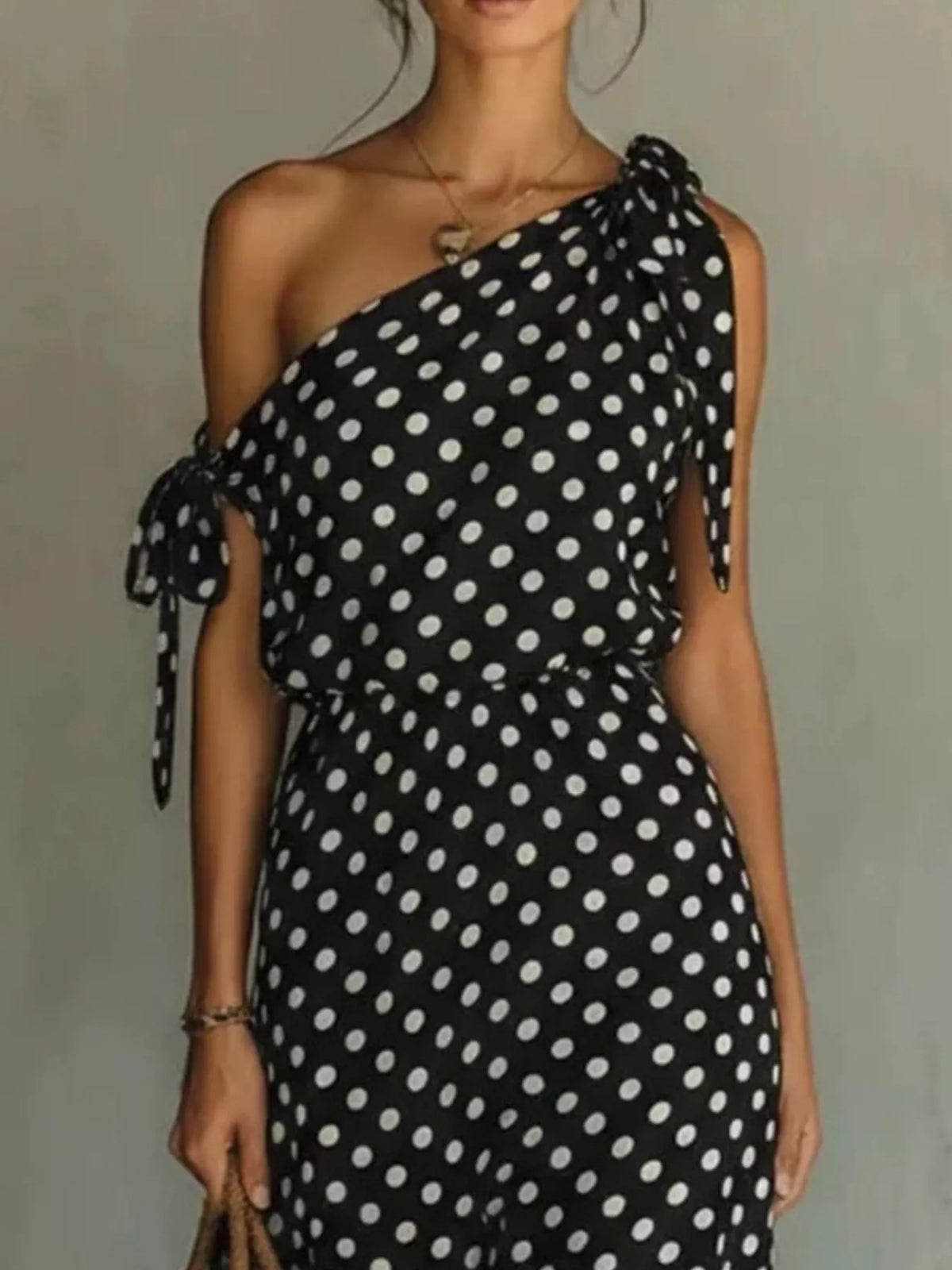 One shoulder polka dot maxi dress with tie detail
