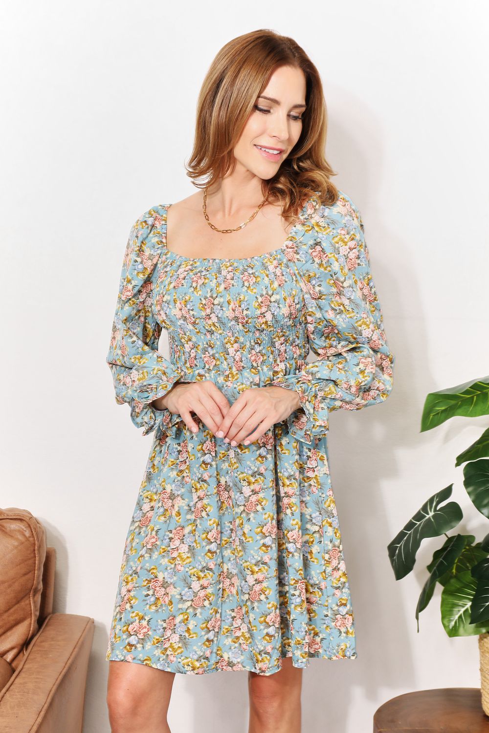 Honey Floral Smocked Flounce Sleeve Square Neck Dress detail