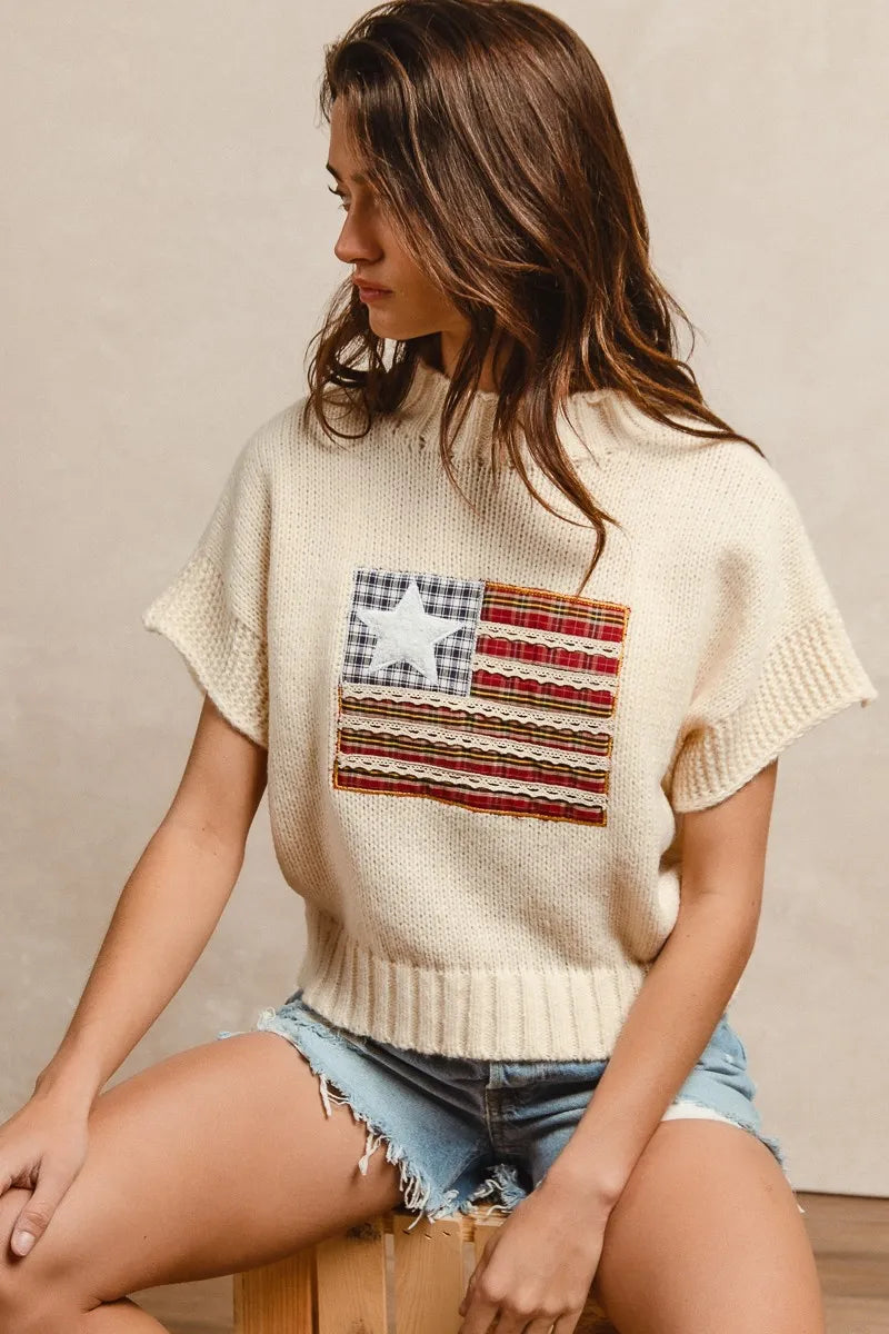 BiBi American Flag Patchwork Drop Shoulder Sweater - Fashorio