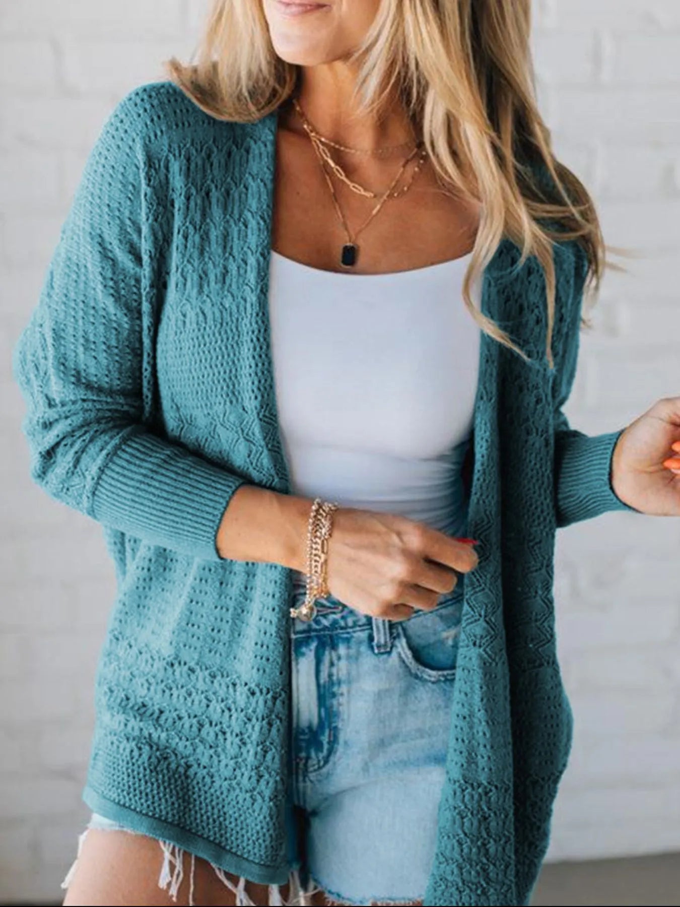 Open Front Knitted Cardigan with Eyelet Details - Fashorio