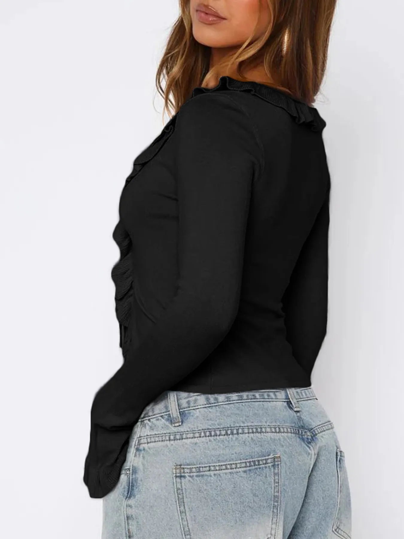 Ruffled Tie Front Flare Sleeve Shirt - Fashorio