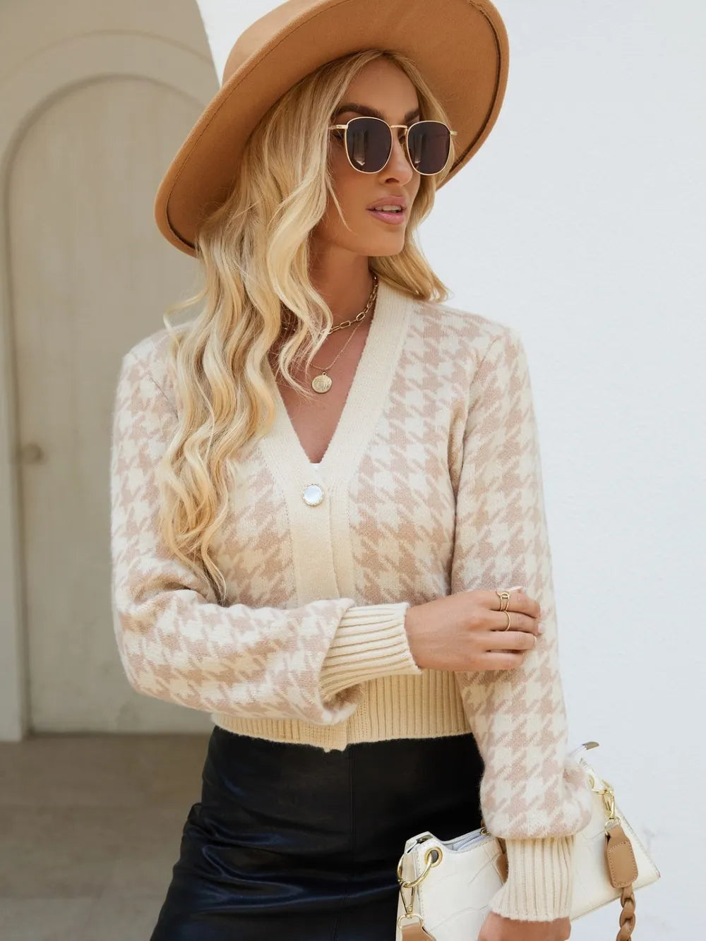 Houndstooth Button Up Long Sleeve Cardigan - Fashorio