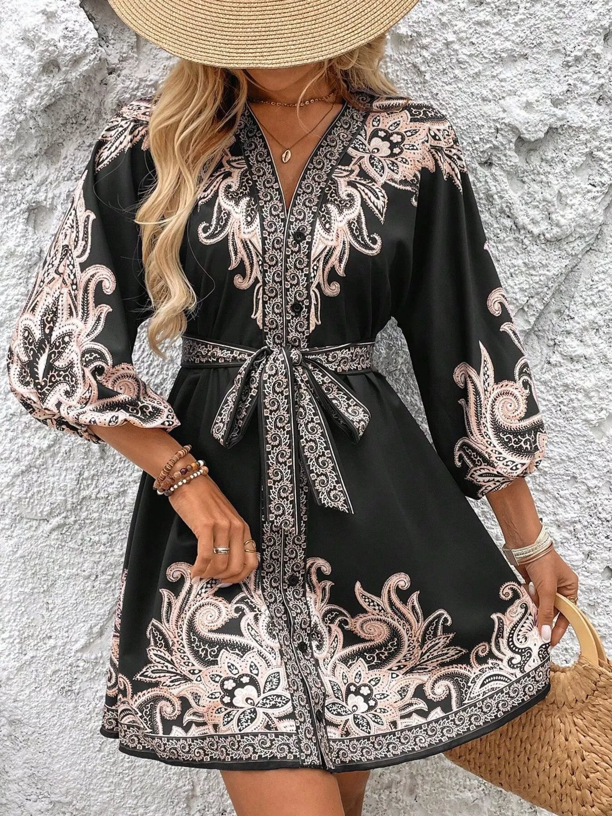 Paisley print V neck belted mini dress full length view