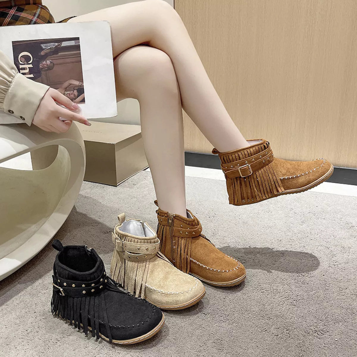 Fringe round toe boots side profile
