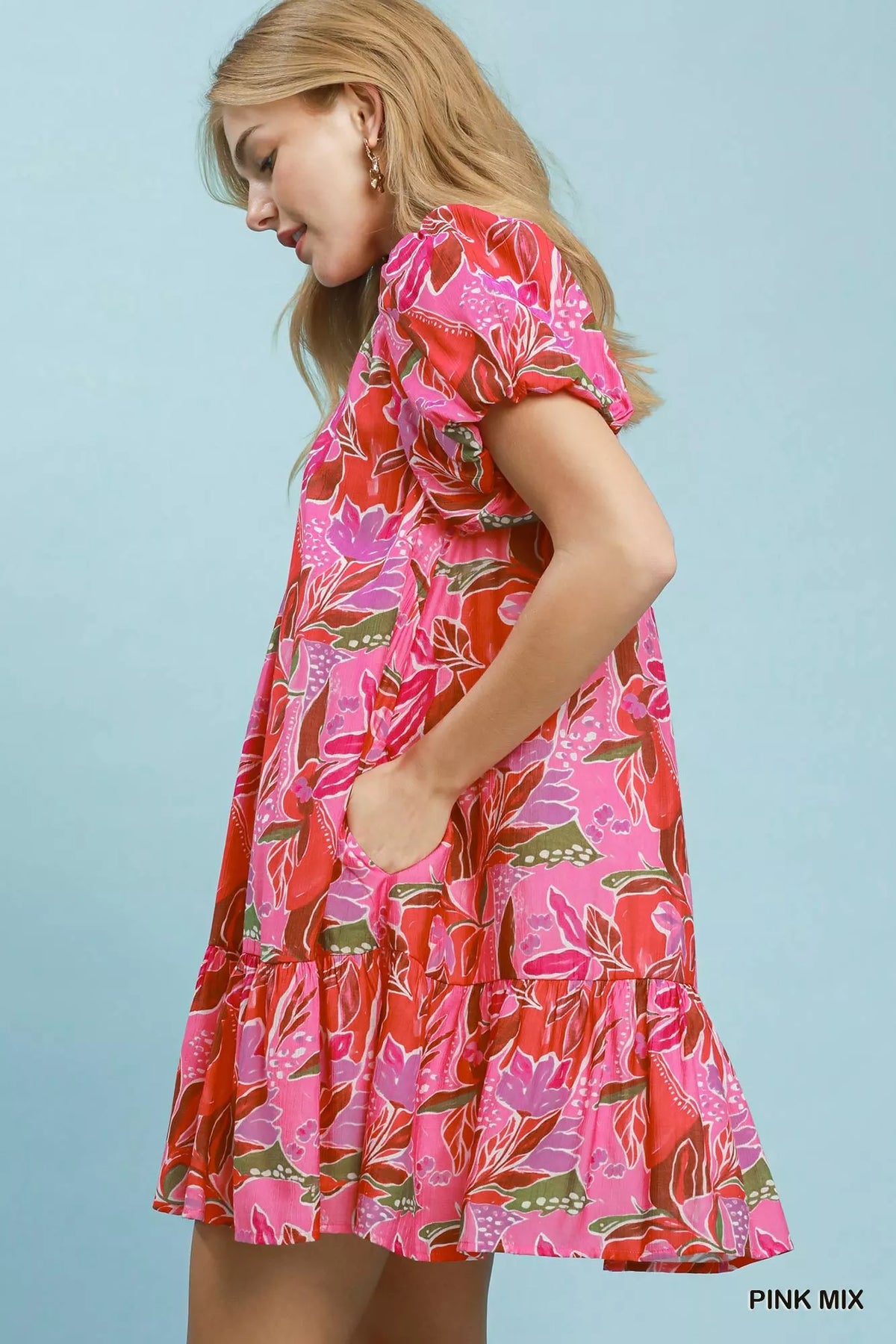 Pink floral mini dress tie split V neck detail