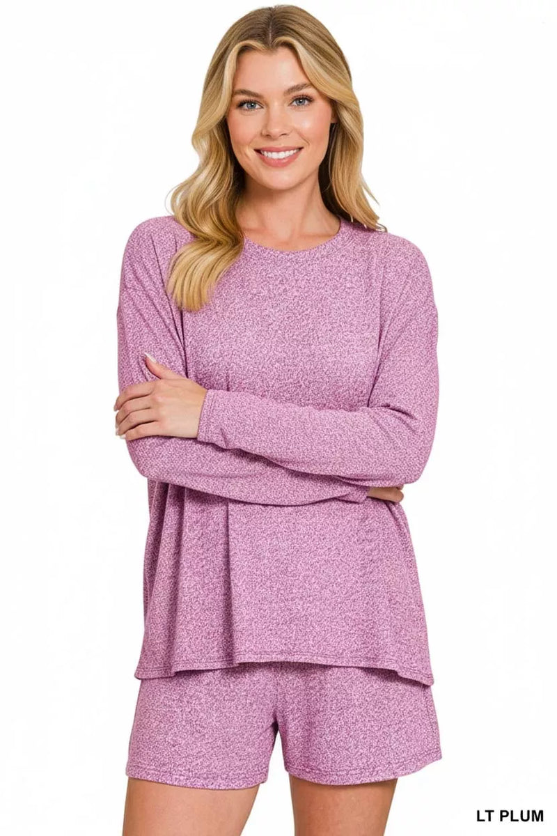 Soft melange long sleeve tee and shorts set plum front view