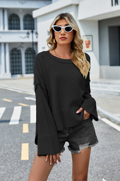 Round Neck Dropped Shoulder Slit Sweater Black - Fashorio