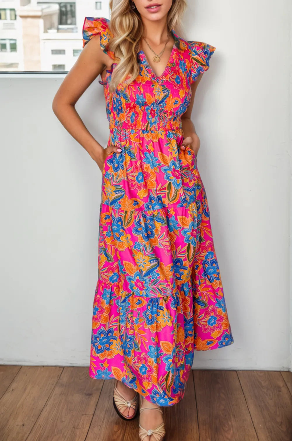 Printed V-Neck Cap Sleeve Pocketed Midi Dress, front view