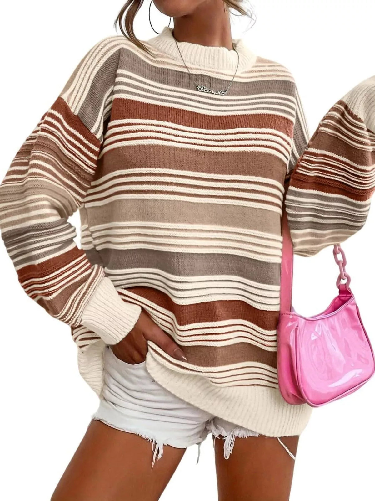 Striped knit long sleeve sweater, flat lay view