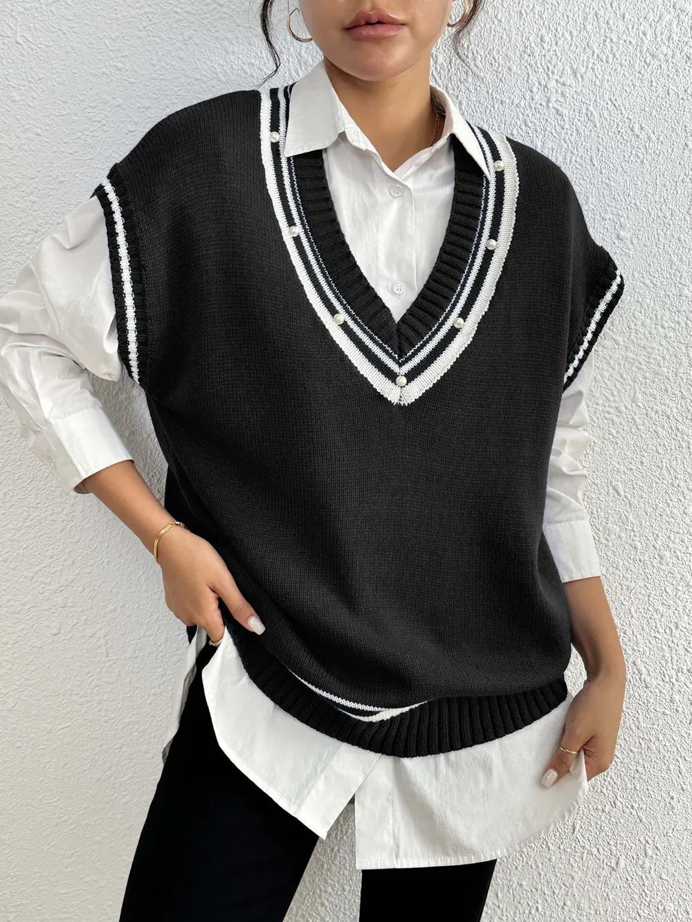 Pearl Trim Contrast V Neck Sweater Vest in Brown view 10