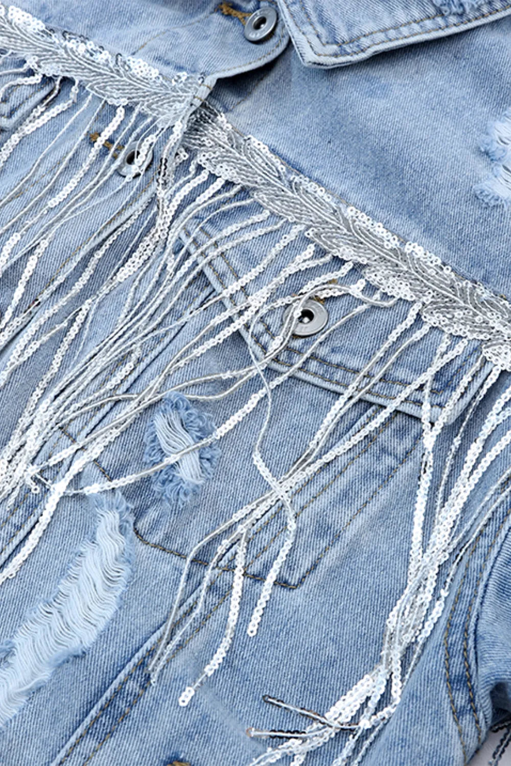 Sequin Fringe Distressed Denim Jacket in Medium Wash view 7