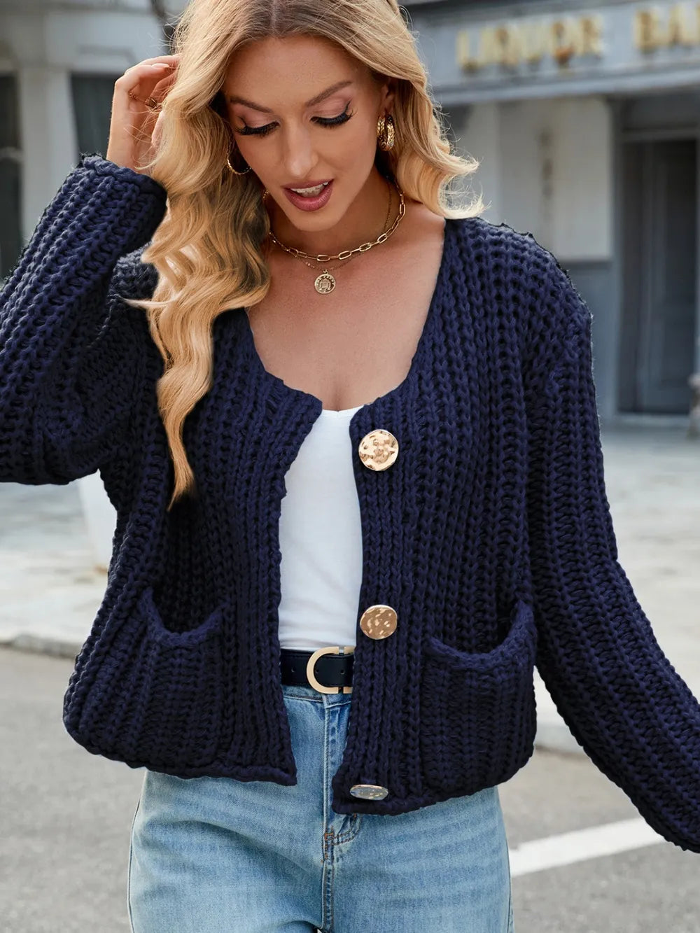 Round Neck Button Up Cardigan with Pockets - Fashorio
