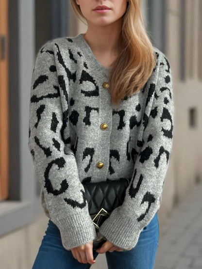 Leopard V-Neck Button Up Cardigan - Fashorio