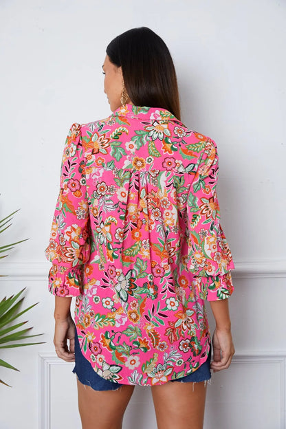 Floral Button Up Flounce Sleeve Shirt - Fashorio