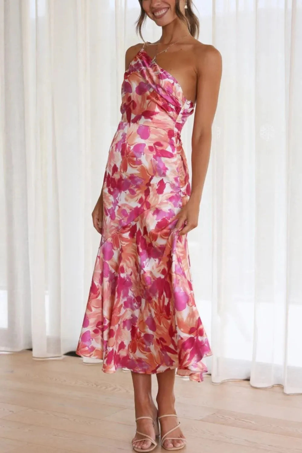 Pink one shoulder midi dress back view