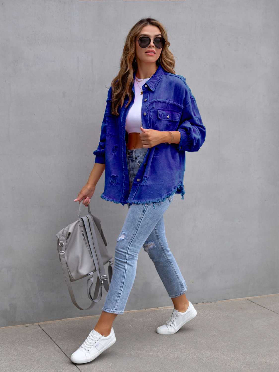 Distressed Drop Shoulder Denim Jacket - Fashorio