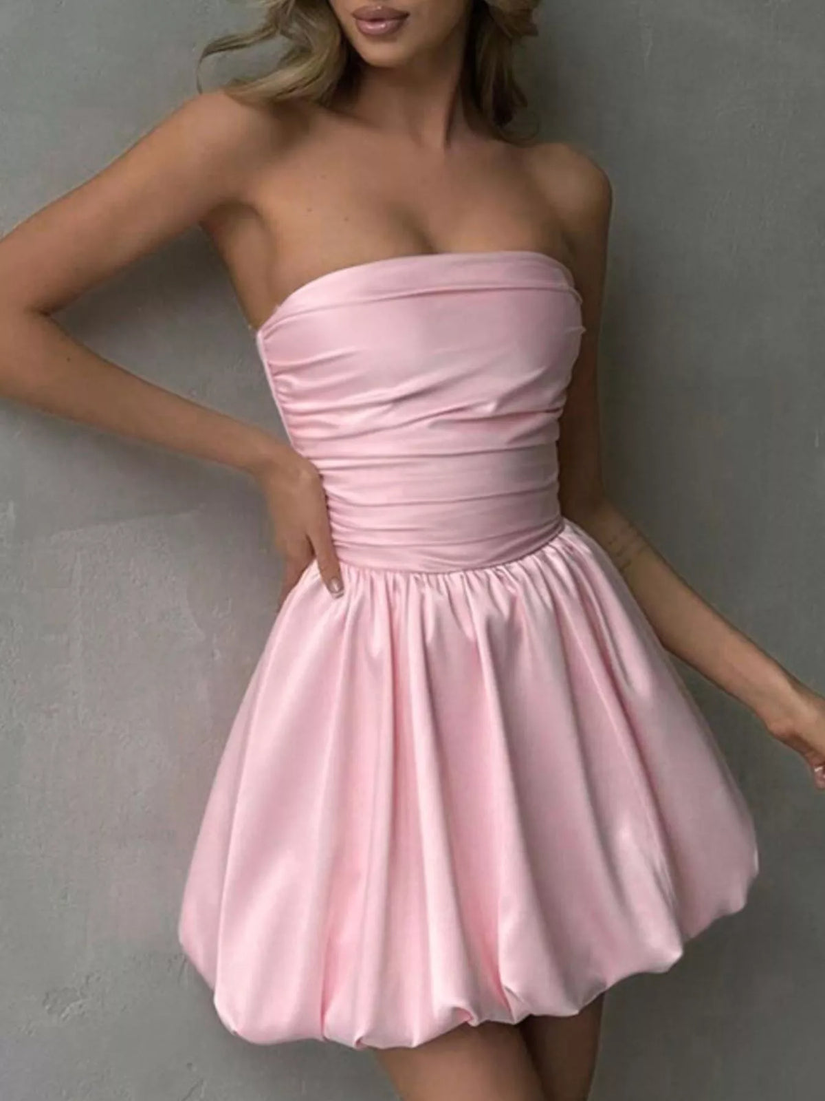 Bubble hem detail on blush pink dress
