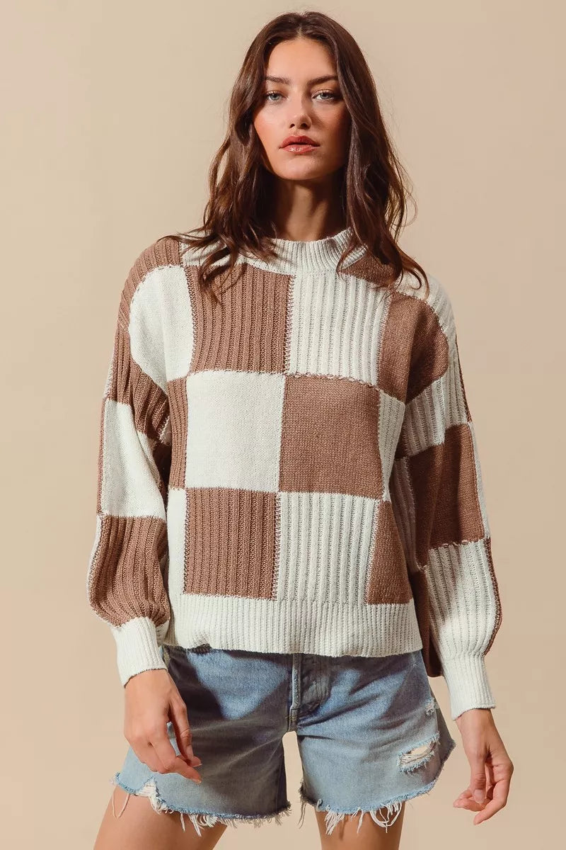 Ribbed Checkered Plaid Color Block Sweater in Coffee and Ivory