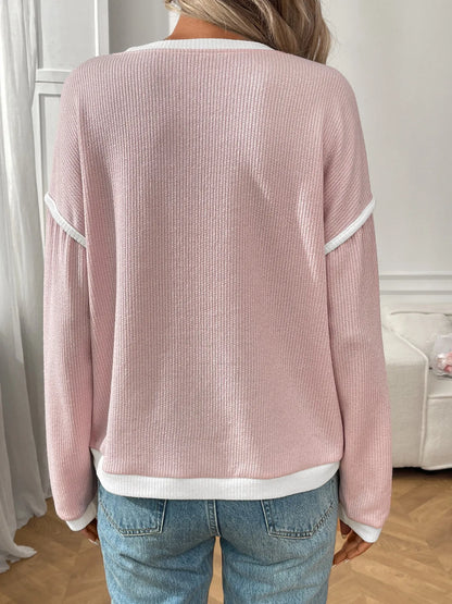Ribbed Contrast Trim Long Sleeve Top - Fashorio
