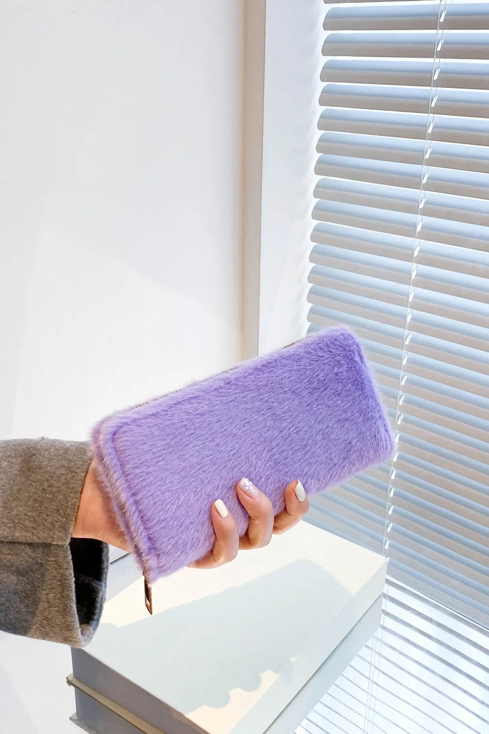 Solid Color Fluff Rectangle Wallet Blue Purple One Size - Fashorio