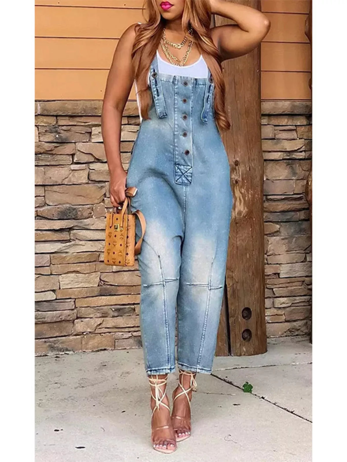 Button front denim overalls back view